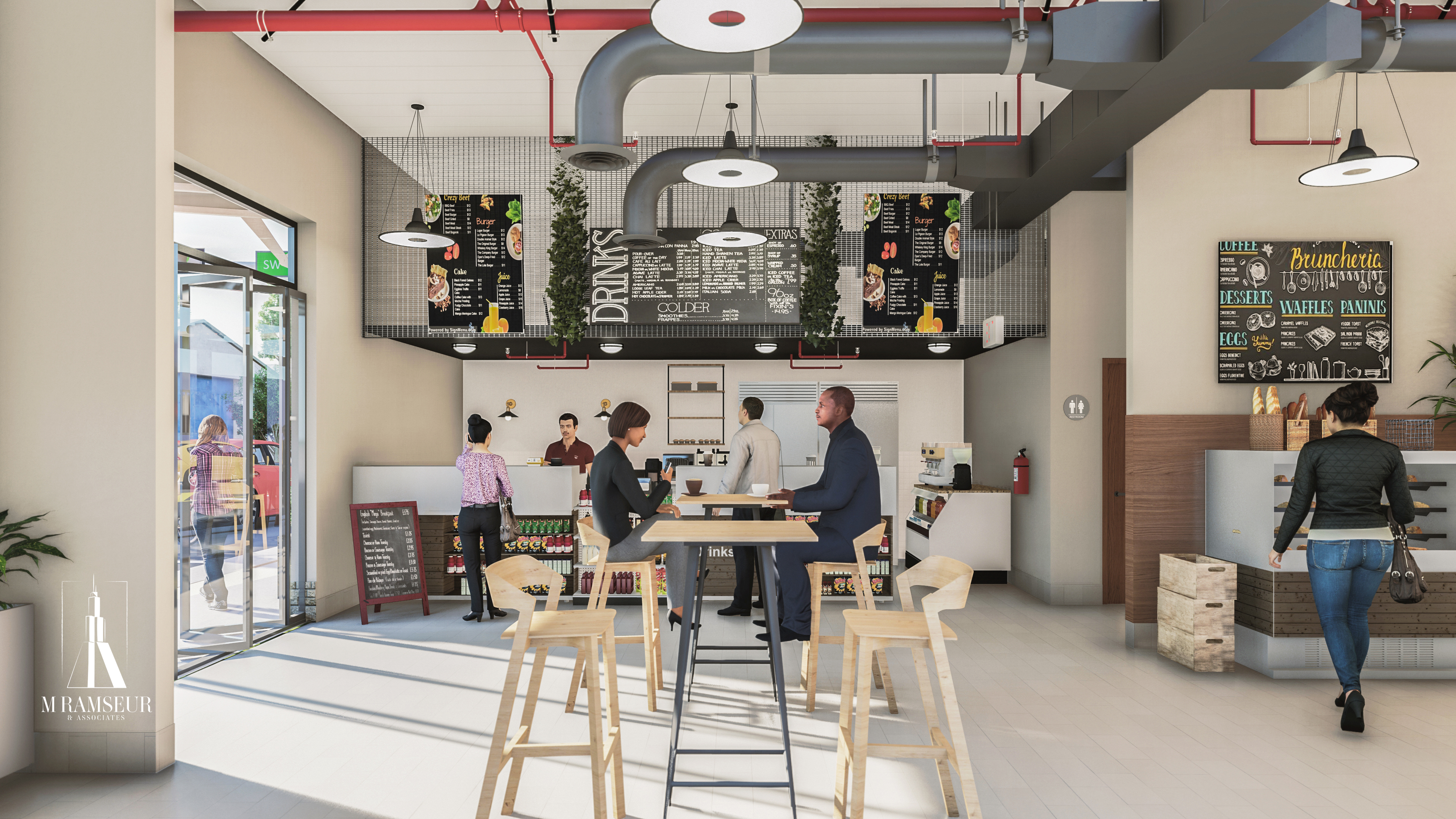 Cafe Concept C - Traditional Checkout & Self-Service Front of House view into Back of House Renderings